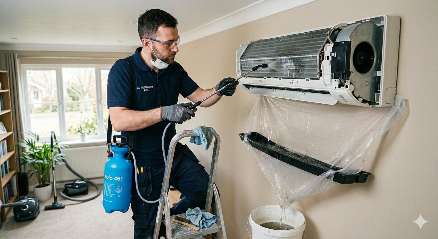 Technician spraying anti-bacterial cleaner onto wall unit heat exchanger coils